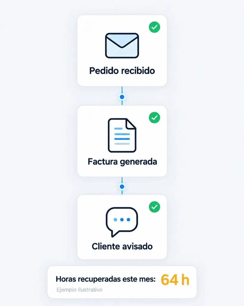 Diagrama de un pedido automatizado en cinco pasos: pedido recibido, datos validados, factura generada, cliente avisado e informe actualizado. Contador de ejemplo: 64 horas recuperadas este mes.