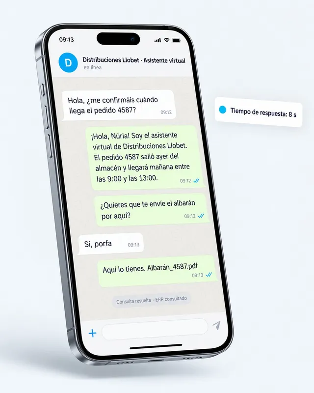Móvil con una conversación entre un cliente y el asistente virtual de Distribuciones Llobet sobre el estado del pedido 4587. Tarjeta al lado: tiempo de respuesta 8 segundos.