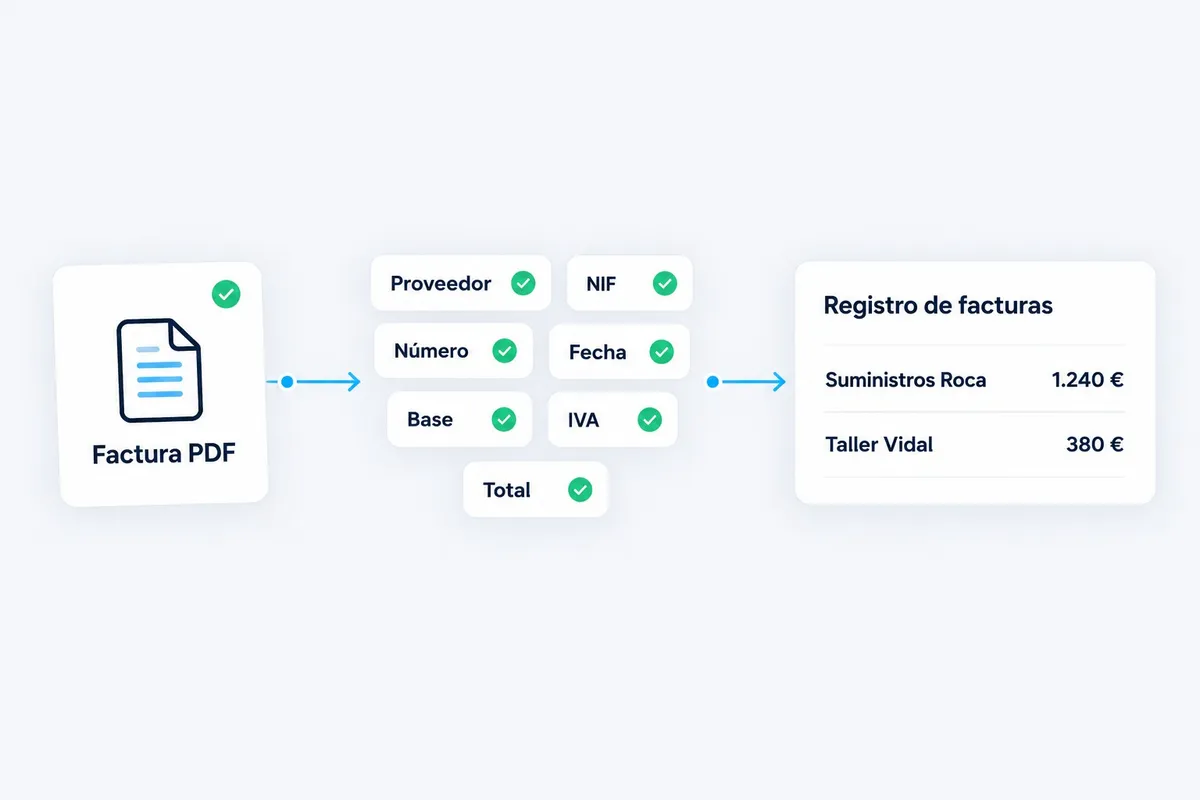 Diagrama: una factura PDF se convierte en campos (proveedor, NIF, número, fecha, base, IVA, total) y entra en un registro de facturas.