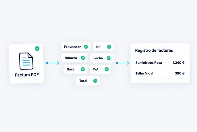 Diagrama: una factura PDF se convierte en campos (proveedor, NIF, número, fecha, base, IVA, total) y entra en un registro de facturas.