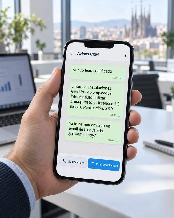 Mano de un comercial sosteniendo un móvil con un aviso de nuevo lead cualificado de Instalaciones Garrido y botones para llamar o programar llamada.