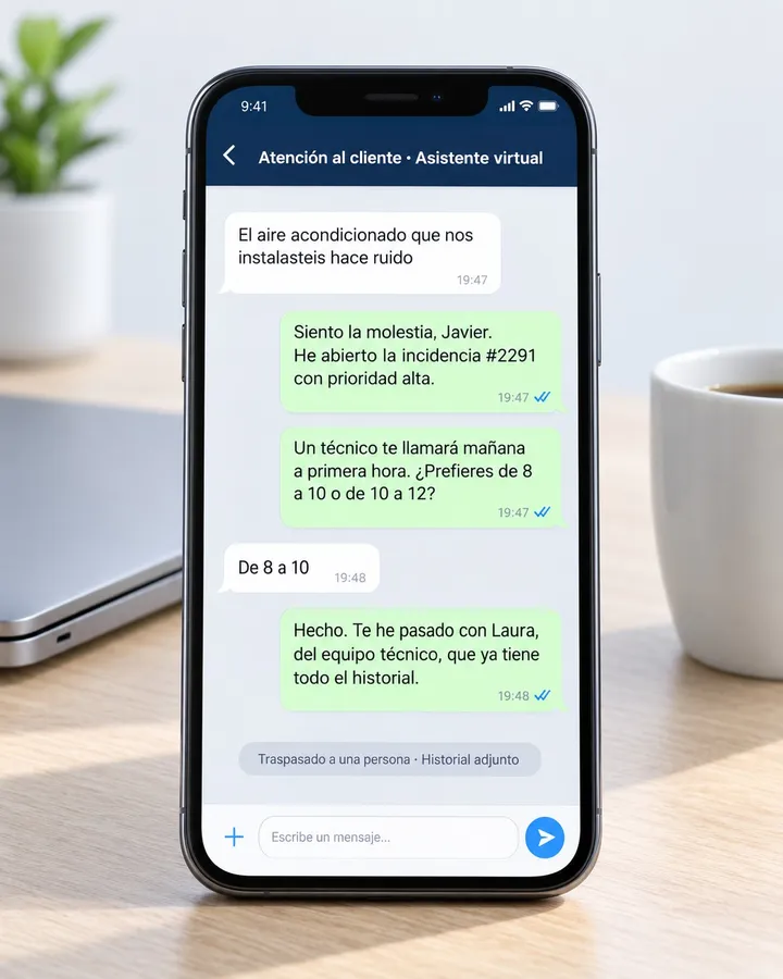 Móvil sobre un escritorio con una conversación de atención al cliente: el asistente virtual abre una incidencia y traspasa el caso a Laura, del equipo técnico.