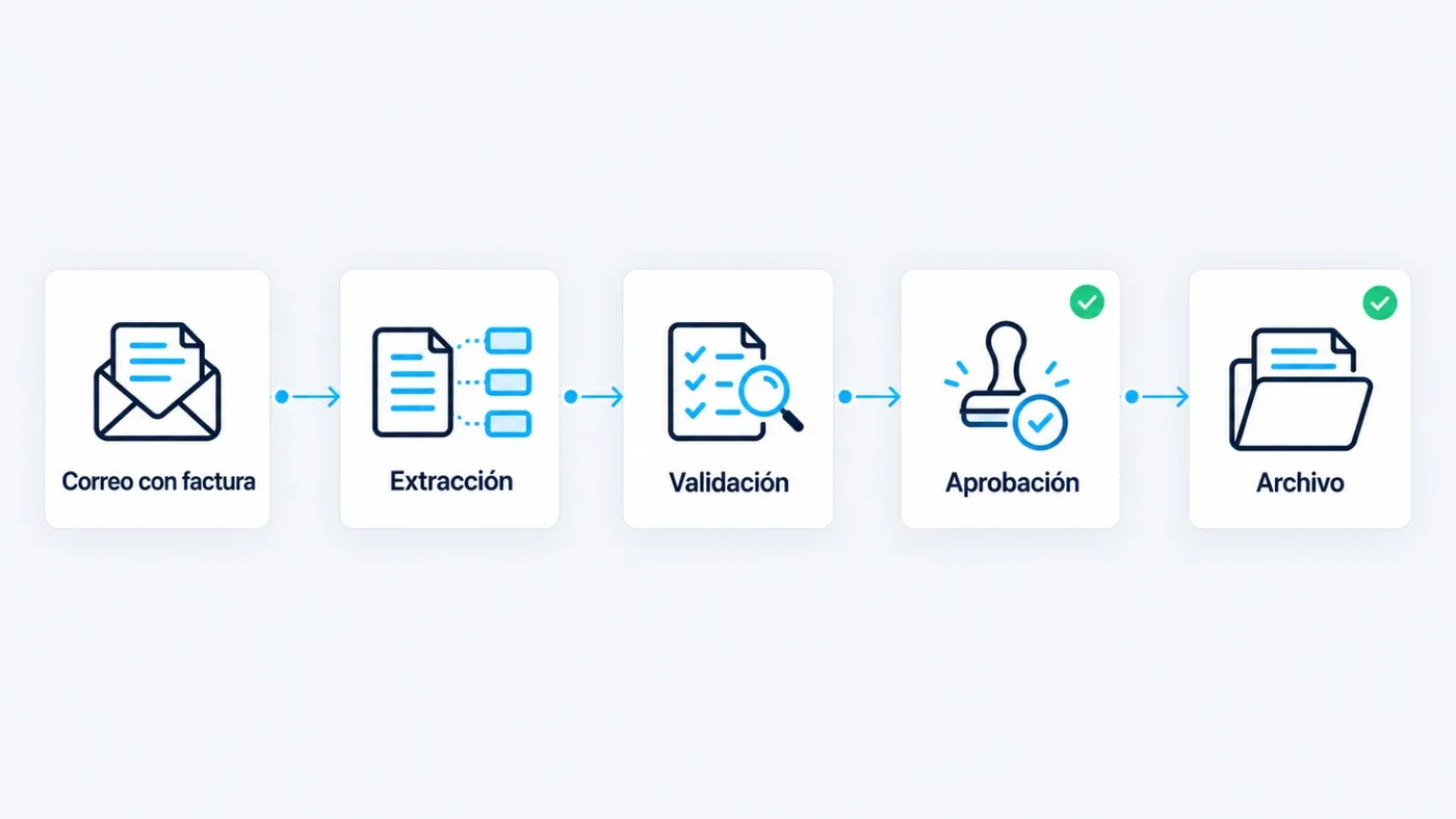 Diagrama de cinco pasos: correo con factura, extracción, validación, aprobación y archivo.
