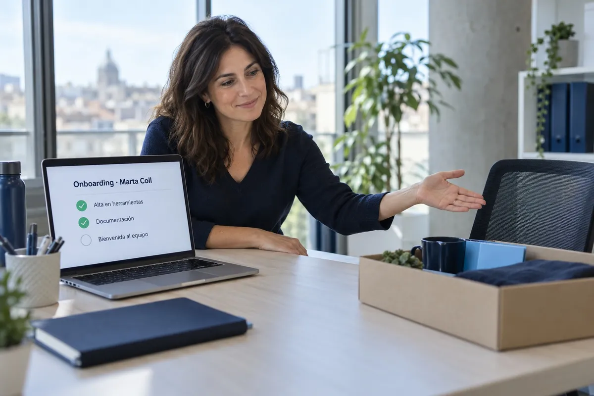 Responsable de RR. HH. en una oficina, con un portátil que muestra el checklist de onboarding de Marta Coll y un kit de bienvenida sobre la mesa.