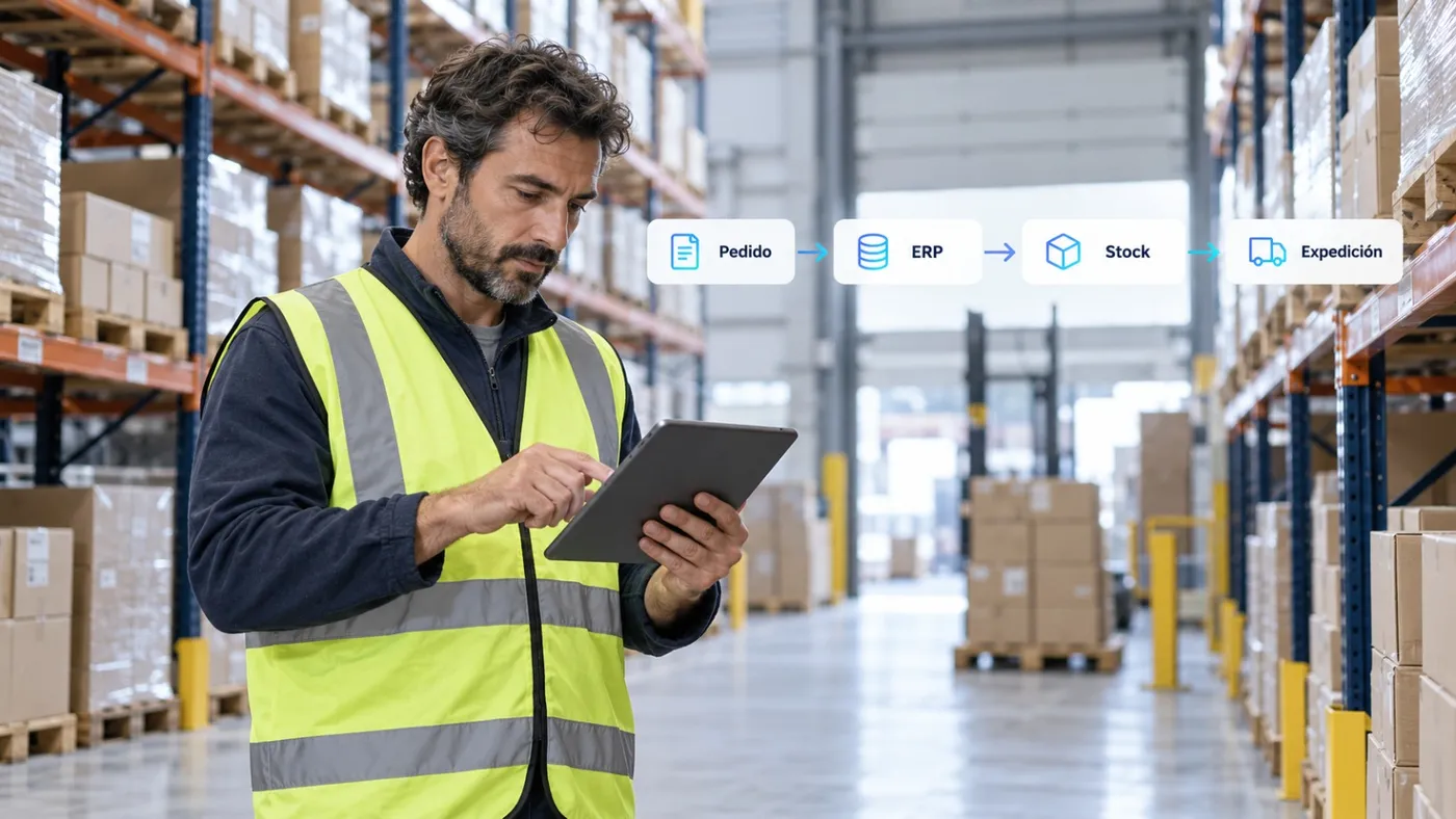 Operario en un almacén consultando una tablet, con un flujo superpuesto: pedido, ERP, stock y expedición.