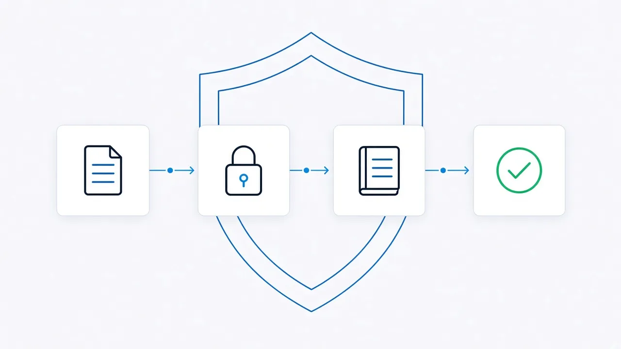 Flujo de seguridad: un documento pasa por un candado y un registro, con un escudo de fondo, y termina en un check de validación.